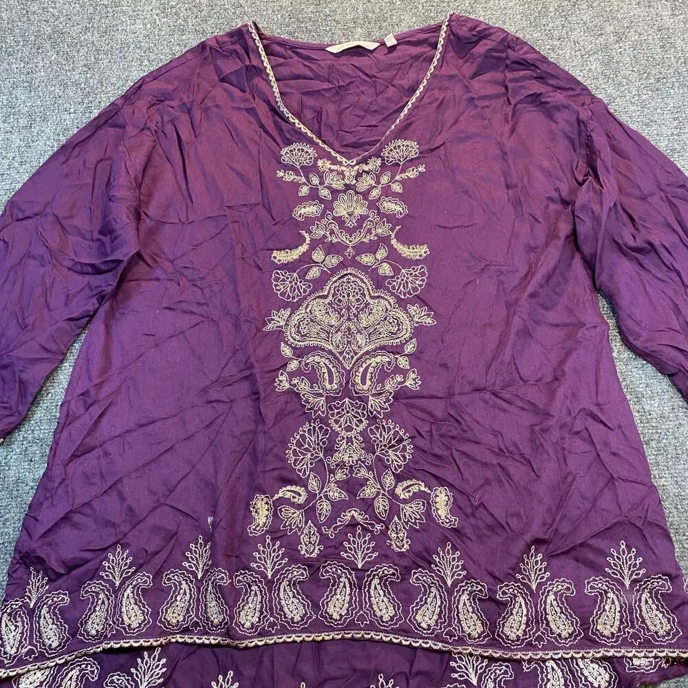 Soft Surroundings Idaira Women Medium Purple Flowy Tunic Embroidered Top Blouse - Picture 2 of 9